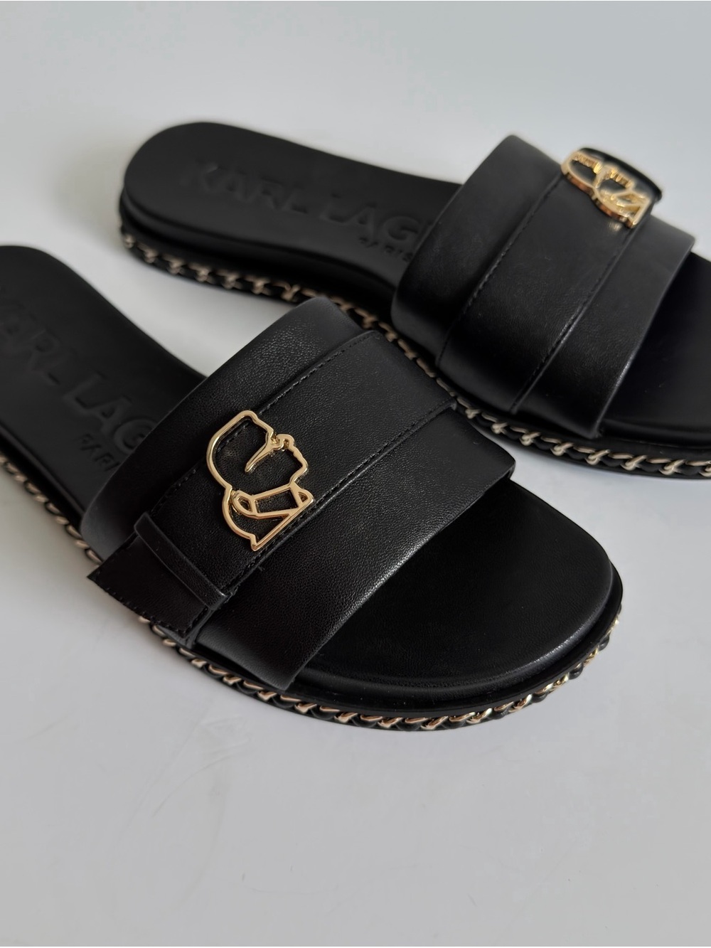 Karl Lagerfeld Black Leather Slide Sandals with Gold Logo Accent US 5.5